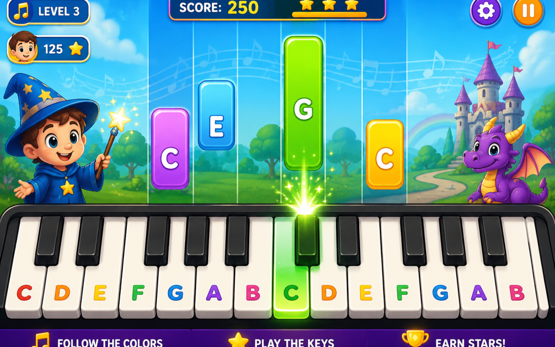 # Piano Games for Kids: Making Piano Practice Fun ```html Piano Games for Kids: Making Piano Practice Fun Piano games for kids can turn early music learning into something children actually look forward to. Young children often enjoy activities that involve seeing patterns, using their hands, solving simple challenges, and getting immediate feedback. Piano fits naturally into that kind of learning because children can press a key, hear the result, and begin making connections right away. If your child is taking piano lessons, preparing to start lessons, or simply exploring music at home, simple piano games can help build useful skills before practice ever starts to feel like work. And you do not need to be a piano teacher to use them. Why Piano Games Work Well for Young Learners Children often learn best when they can interact with what they are learning. Instead of only being told where notes are or how rhythm works, they can see it, hear it, touch it, and repeat it. Piano games can help beginners practice: Keyboard awareness Note recognition Rhythm and timing Finger numbers Hand coordination Listening skills Pattern recognition Confidence at the keyboard The goal is not to replace real piano instruction. The goal is to make the first steps more engaging and easier to understand. 1. Find the Keys Game Start with one of the simplest piano games for kids: finding groups of black keys. Ask your child to find all the groups of two black keys on the keyboard, then all the groups of three. Once that becomes easy, show them how the white notes repeat around those patterns. For example, middle C can be found just to the left of a group of two black keys. This helps children begin seeing the keyboard as a repeating pattern instead of a long row of unrelated notes. 2. Musical Alphabet Challenge The musical alphabet only uses seven letters: A, B, C, D, E, F, G Turn that into a quick game. Call out a letter and ask your child to find that note on the keyboard. Then reverse it. Point to a key and ask them to name the note. You can also ask: What comes after C? What comes before G? What happens after G? This reinforces the repeating musical alphabet without turning it into memorization drills. 3. Rhythm Copy Game You do not even need the keyboard for this one. Clap a short rhythm and ask your child to copy it. Start with something simple, then make the patterns slightly longer. You can also tap the rhythm on the piano lid, a table, or your knees. Once your child can copy the rhythm, let them create one for you to repeat. This helps develop timing, listening, memory, and the ability to recognize musical patterns. 4. Finger Number Game Piano students use numbers to identify their fingers. Each thumb is finger 1, and the numbers continue outward to finger 5. Turn this into a quick challenge. Call out a finger number and ask your child to raise the correct finger. Then place their hand on the keyboard and ask them to play one key with that finger. You can make the game faster as they improve. This helps children become comfortable with finger numbers before they encounter them regularly in piano music. 5. High Note, Low Note Play two notes and ask your child which one sounds higher. Then ask which one sounds lower. Move farther apart on the keyboard at first so the difference is obvious. As your child improves, move the notes closer together. This simple listening game helps children connect pitch with movement across the keyboard. They begin to understand that notes generally sound lower as they move left and higher as they move right. 6. Piano Pattern Hunt Children are naturally good at spotting patterns. Play a simple sequence of two or three notes and ask them to find the same pattern somewhere else on the keyboard. You can also create visual patterns using finger numbers or note names. For example: 1 - 2 - 3 - 2 - 1 or: C - D - E - D - C Repeating patterns help children understand one of the most important ideas in music: much of what we play is built from smaller patterns that repeat or change. 7. Play a Song by Matching Visual Cues This is where a piano keyboard game can take the idea much further. Instead of simply identifying individual notes, children can follow visual cues and use them to play an actual song on the keyboard. That immediate connection between seeing, pressing, and hearing can make the early stages of learning much more rewarding. With Piano Wizard, students begin with colorful visual cues that show them which keys to play. As they progress, those visual cues gradually transition toward traditional music notation. The goal is not just to play a game. It is to use the game as a bridge toward real piano skills. 8. Turn Practice Into a Challenge Even ordinary practice can become more engaging when you turn it into a small challenge. Try goals such as: Play the pattern three times without stopping Find five C notes as quickly as possible Play a song slightly slower with perfect accuracy Beat yesterday's score Play a short section without looking at your hands The challenge should be achievable. The point is not pressure. It is to give the child a clear goal and a reason to notice improvement. What Skills Can Piano Games Help Build? Well-designed piano games can help reinforce skills that later become part of more traditional piano study. These include: Reading and recognizing musical symbols Counting rhythm Coordinating both hands Following patterns Listening carefully Setting small goals Practicing consistently Taking responsibility for progress Most importantly, children begin associating the piano with success and discovery instead of frustration. How Piano Wizard Uses Game-Based Learning Piano Wizard was built around the idea that beginners should experience the reward of making music early. Students begin by interacting with a visual game while playing a real piano or MIDI keyboard. They learn to connect what they see with the keys they play and the sounds they hear. As their skills develop, the game gradually introduces the visual structure of traditional music notation. This makes Piano Wizard more than a collection of piano games for kids. It is a step-by-step learning system designed to move students from game-based play toward real keyboard and music-reading skills. Make Piano Something They Want to Come Back To The early years of learning music should build curiosity, confidence, and a desire to keep going. You do not need complicated exercises to begin. Start with simple games. Find the keys. Clap rhythms. Practice finger numbers. Look for patterns. Play short songs. Then build from there. When learning feels rewarding, children are much more likely to return to the keyboard and continue developing their skills. Explore the Piano Wizard Piano Keyboard Game and see how game-based learning can help children turn practice into play. ```