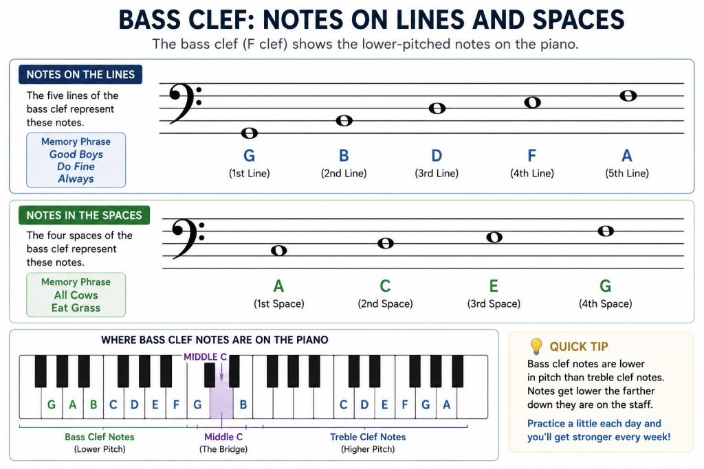 Bass Clef diagram showing line and space notes