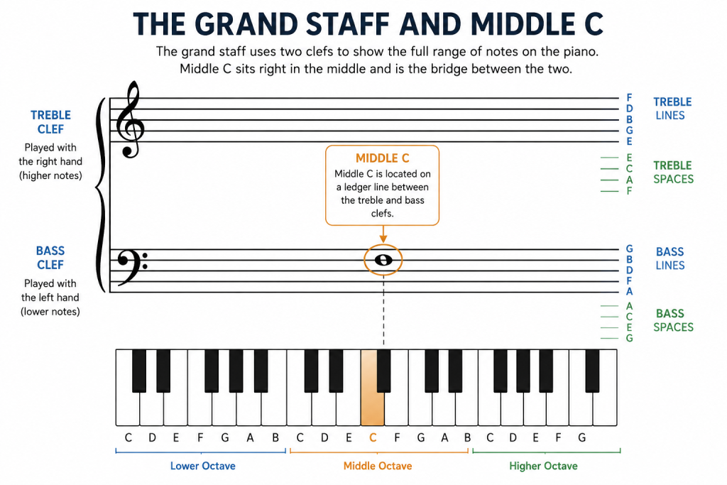 How to read sheet music basic - The Grand Staff and Middle C