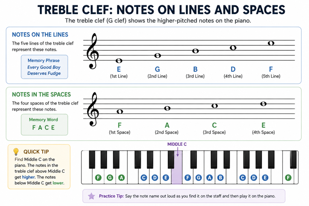 How to read sheet music - Treble Clef diagram showing line and space notes
