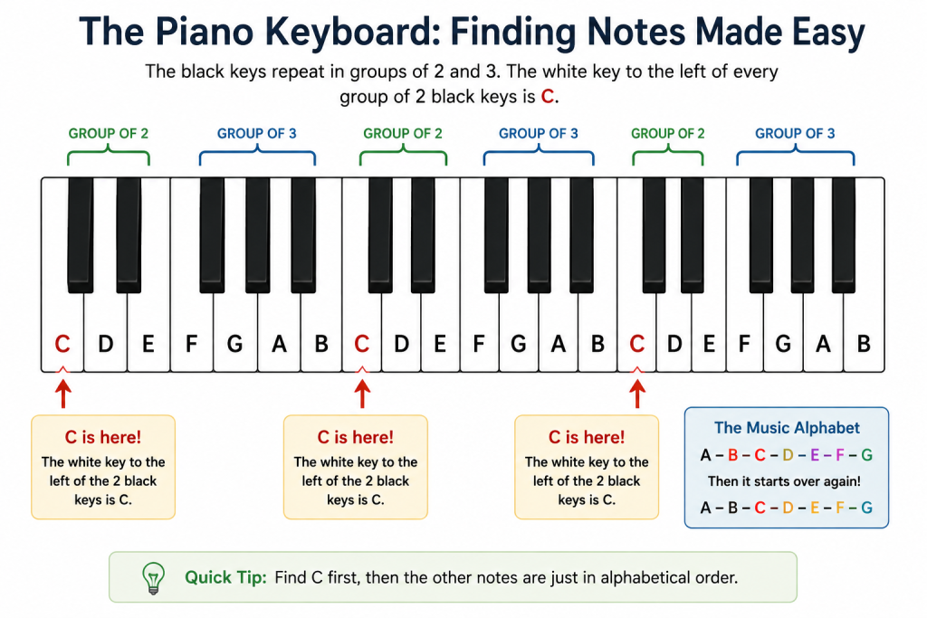 how to read sheet music - iano Keyboard Note-Finding Guide