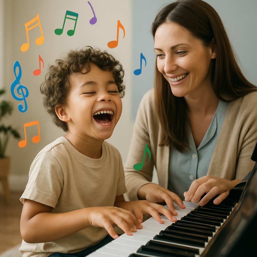 "A joyful child playing piano during a music therapy session with a therapist guiding them, colorful musical notes floating around