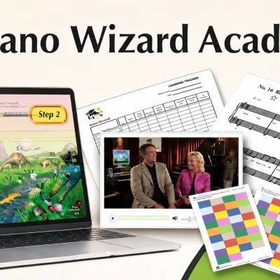 Piano Wizard piano learning game for kids with keyboard stickers, sheet music, video lessons, and the color-coded learning system