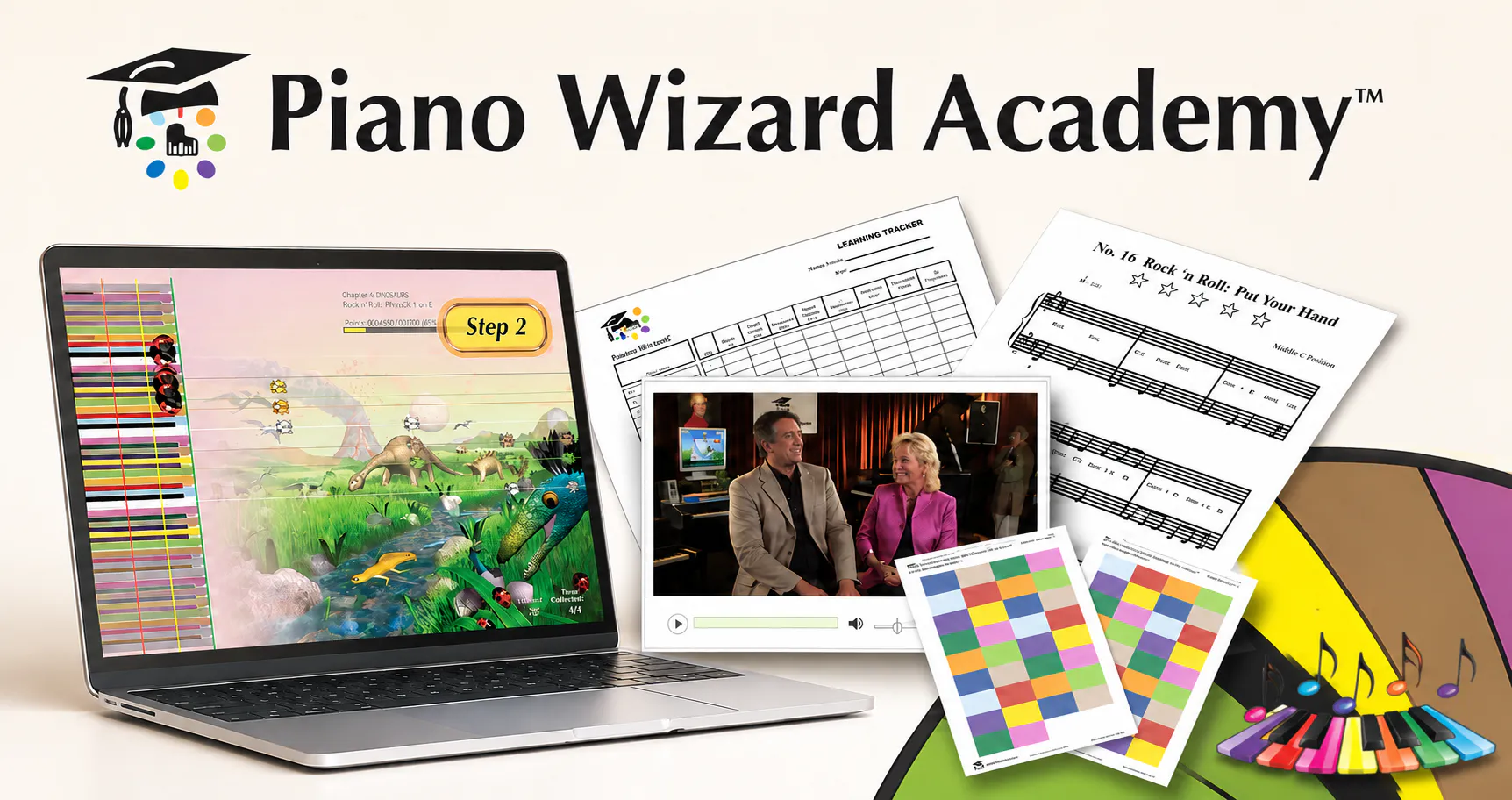 Piano Wizard Piano Learning Game for Kids Piano Wizard piano learning game for kids with keyboard stickers, sheet music, video lessons, and the color-coded learning system