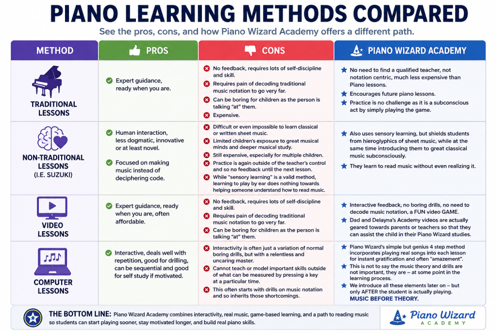 Compare piano learning methods including private lessons, apps, video courses, interactive software, and game-based learning to find the right fit.