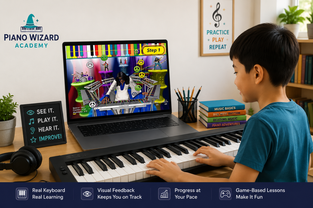 interactive piano lessons on a real keyboard with visual feedback